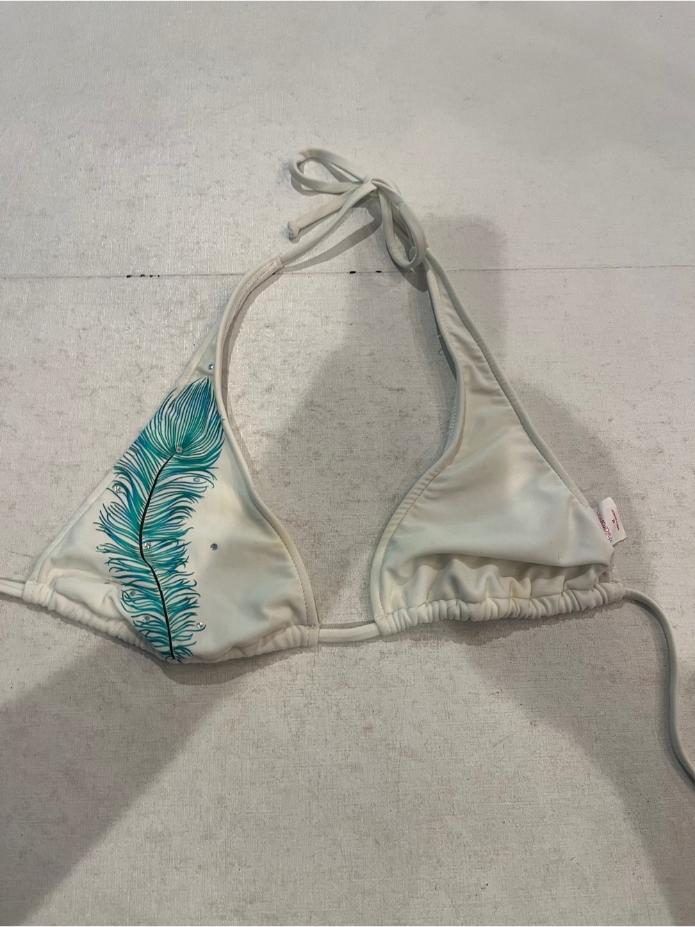 Vintage Xhilaration white Triangle Bikini Top with Teal Feather Print. As-Is